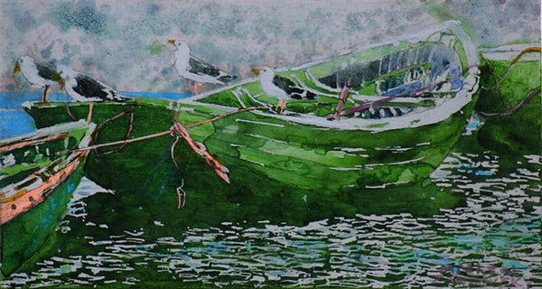 Dories, With Gulls, 8"x 15" Painting Micheal Zarowsky