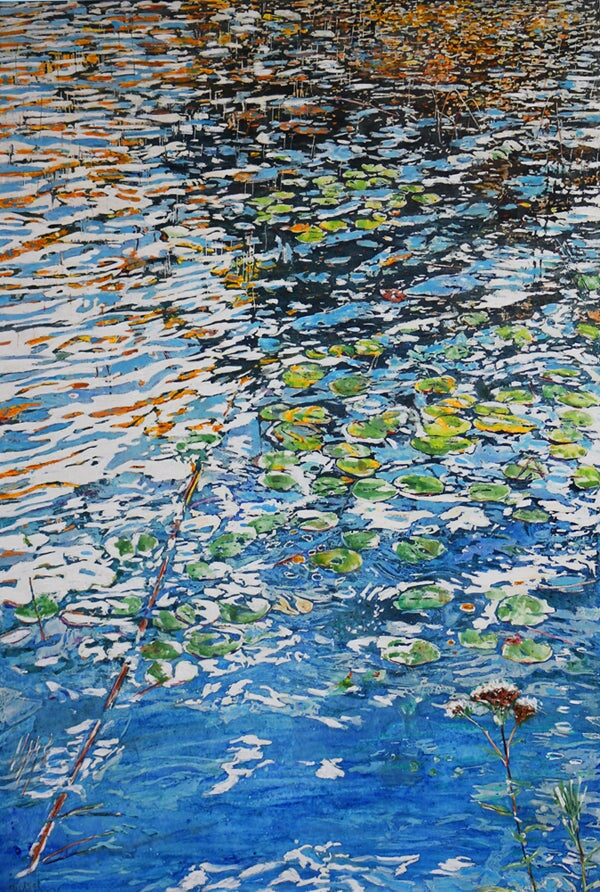 Summer Water Dazzle with Lilies 3, 48"x32" Painting Micheal Zarowsky