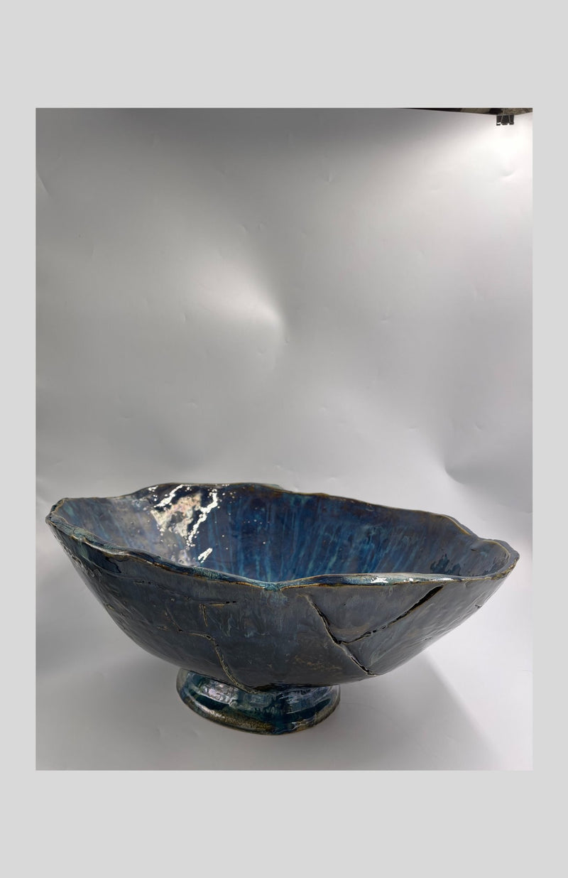 "Large Blue Pedestal Bowl," 8" x 18" x 18" Painting C. Goldnau