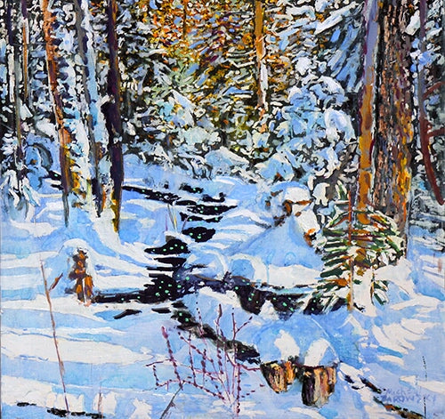 open stream after a new snowfall, 16" x 15" Painting Micheal Zarowsky