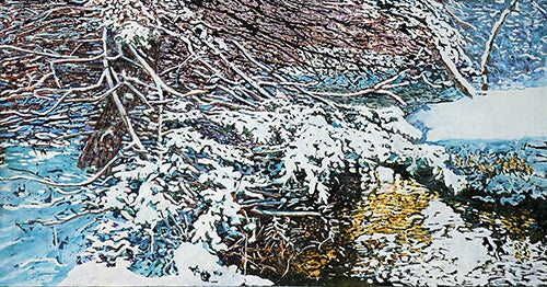 snowcovered pine overhanging an open stream, 26" x 48" x 2" painting Micheal Zarowsky