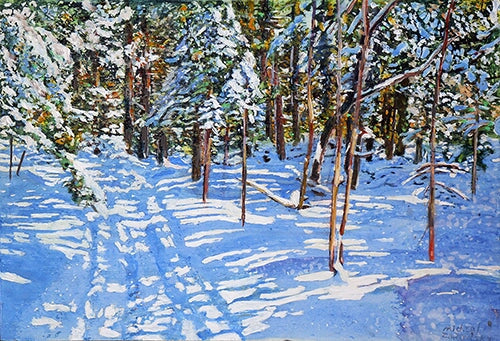 trail thru an overnight snowfall, 16" x 24" Painting Micheal Zarowsky