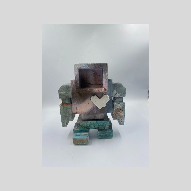 BALTIC22 1FT Lovebot (Earthtones abstract with white heart), 12" x 12" x 10" Sculpture Matthew Del Degan