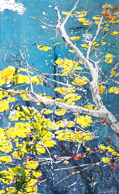 Birch with Lilies, 36" x 22" Painting Micheal Zarowsky