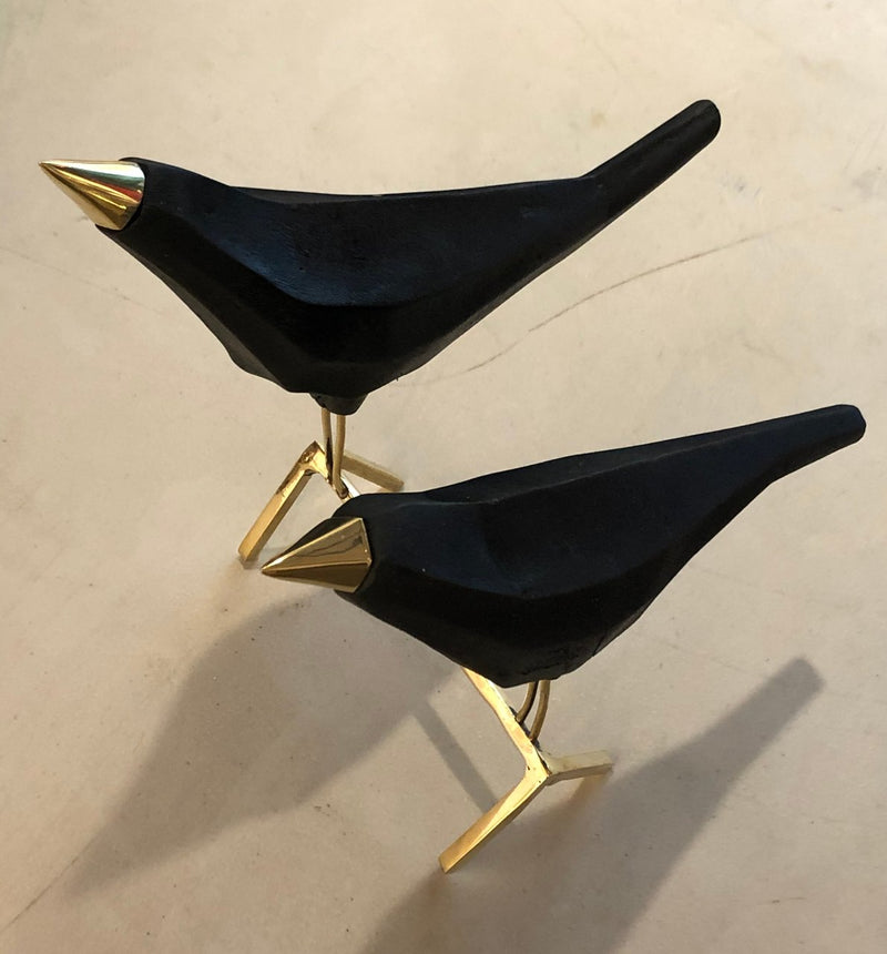 Black Metal Crow couple with Gold Feat and Beak, 9" x 8 "x 10" Sculpture Reza
