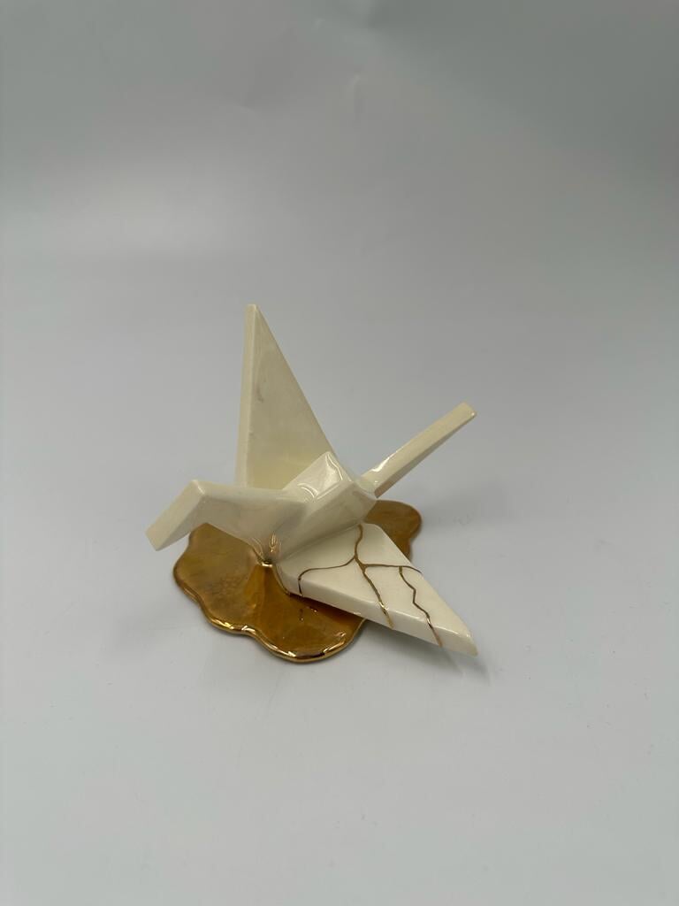Ceramic Crane Gold Marble 4" x 5.5" Craft Neda Mazhari
