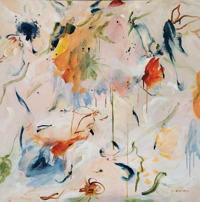 "Flores y Serpentinas", 30" x 30" Painting Maria Moreno
