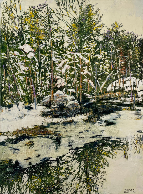 New Eyes Edging Morning Pine Reflections, 30"x22" Painting M. Zarowsky