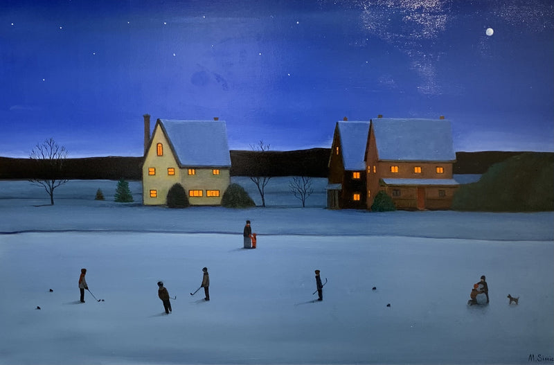 Night Game and a Snowman, 24" X 36" Painting M. Simic