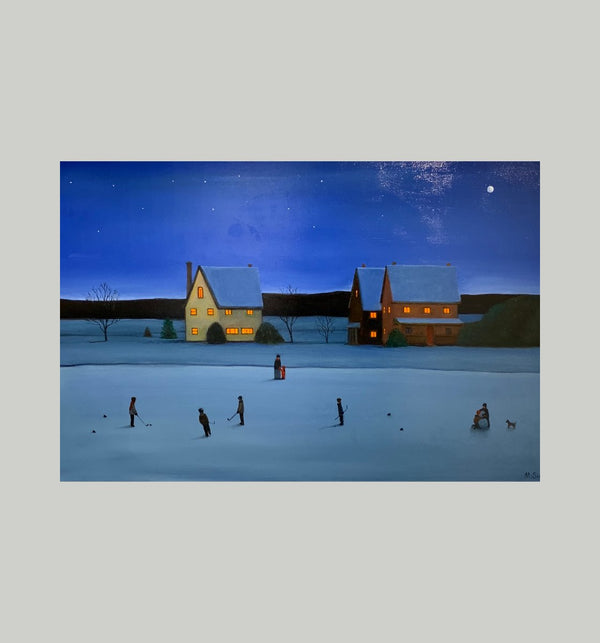 Night Game and a Snowman, 24" X 36" Painting M. Simic
